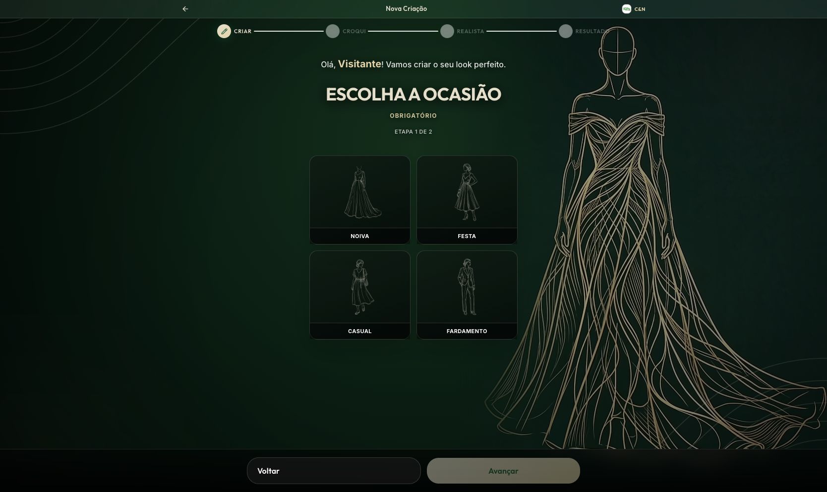 Interface do app para totem da C&N, na etapa de escolha da ocasião e do tipo de roupa.